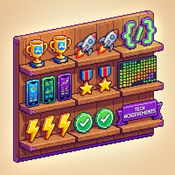 8-bit style wall of app development trophies and achievements